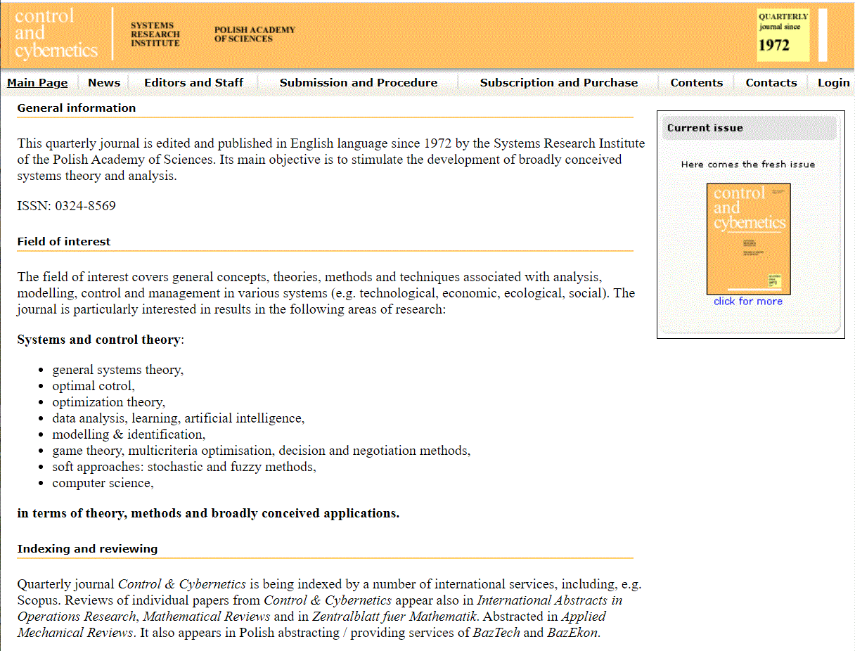 Zdjęcie strony czasopisma Control and Cybernetics